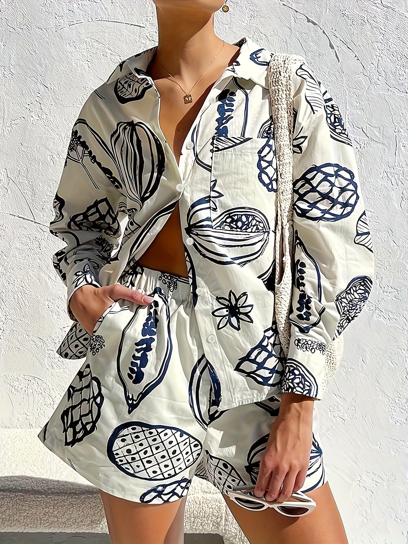 Fruit Print Loose Shirt and Shorts Set