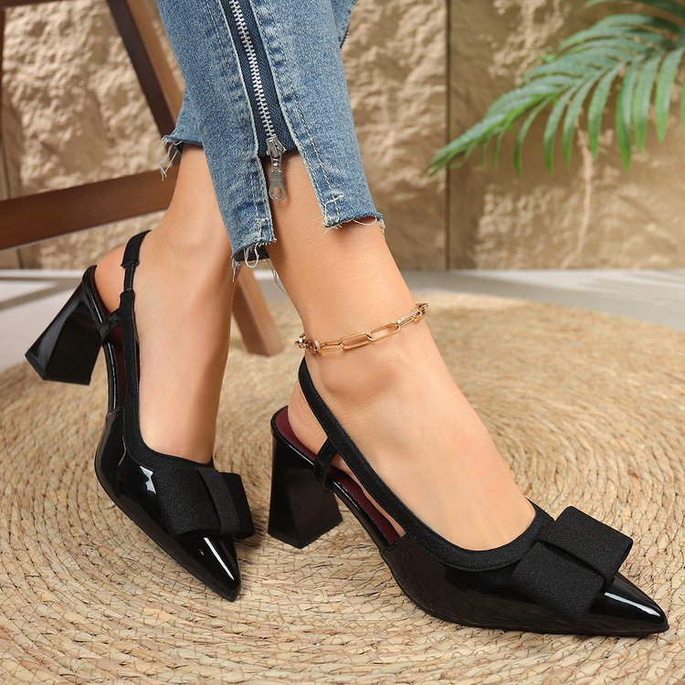 Women Pointed Toe Chunky Heel Bowknot Back Strap Closed Toe Summer Sandals
