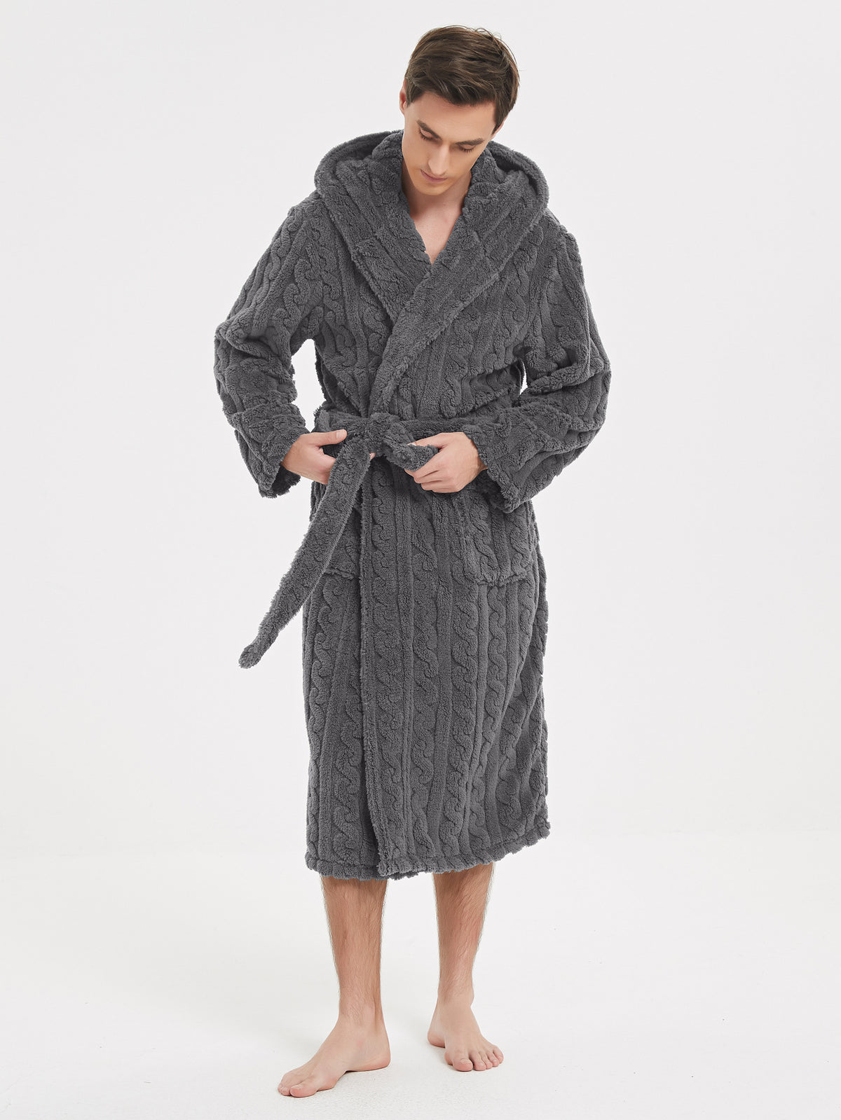 Warm Jacquard Cotton Velvet Couple Hooded Twist Nightgown Set