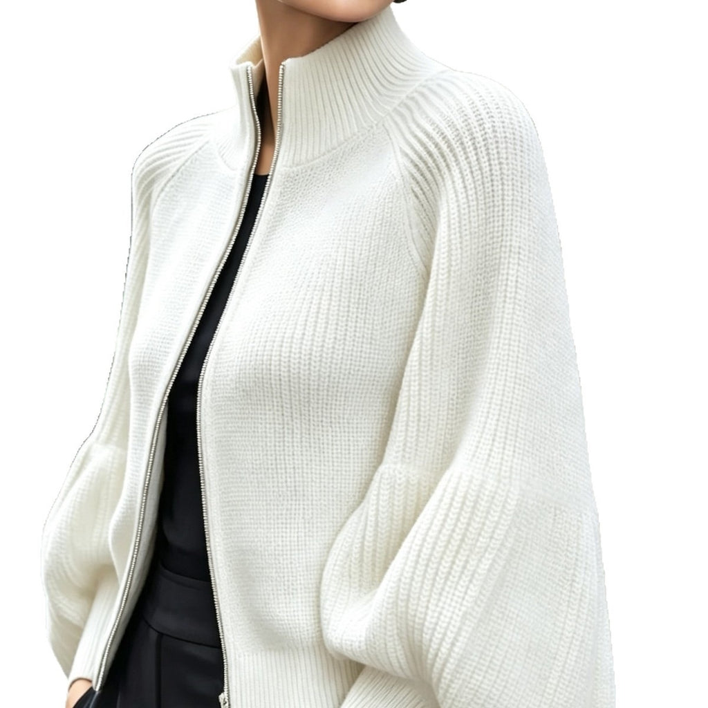 Women's Textured Knit Stand Collar Balloon Sleeve Cardigan