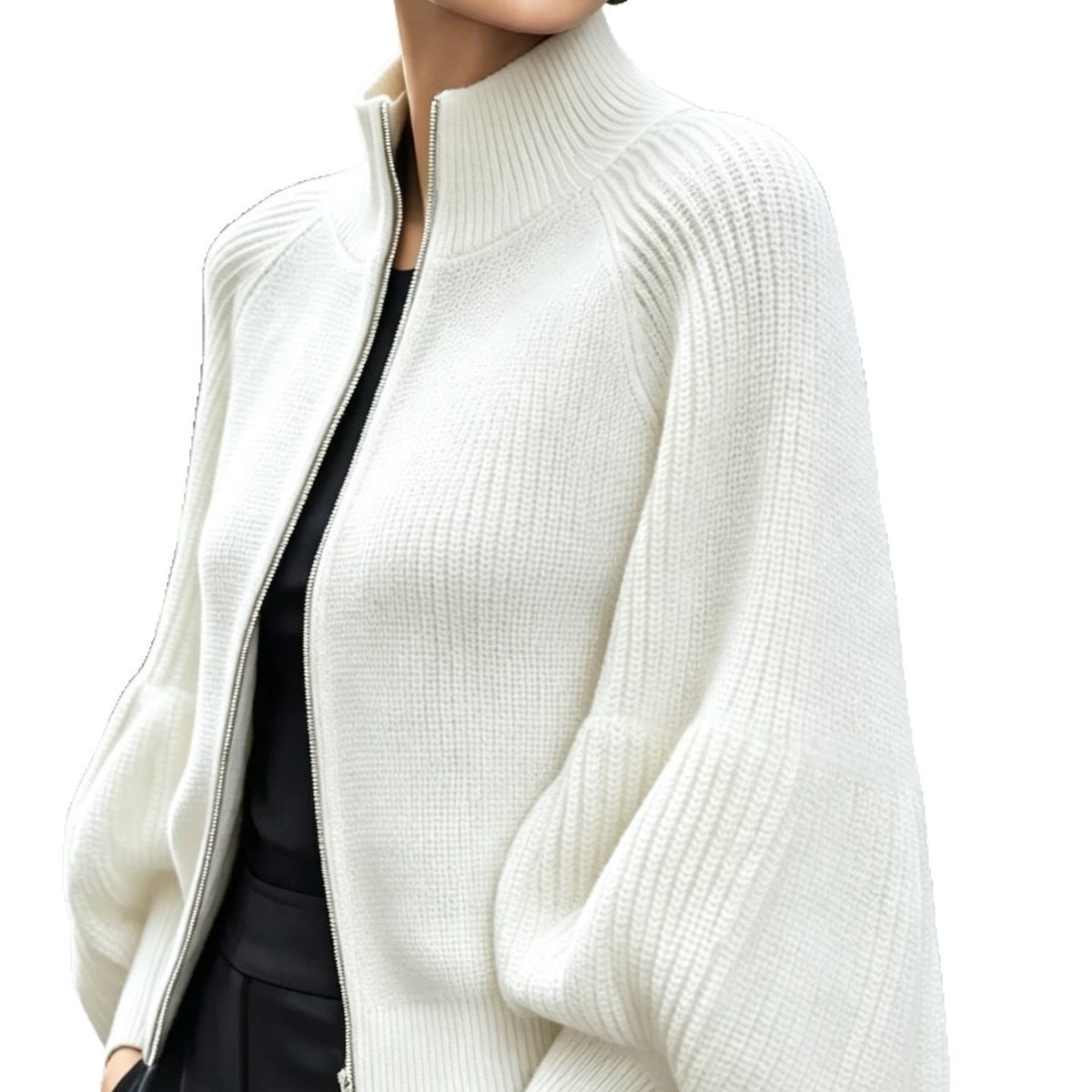 Women's Textured Knit Stand Collar Balloon Sleeve Cardigan