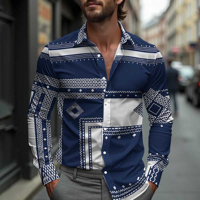Men Printed Long Sleeve Casual Shirt Lapel Collar