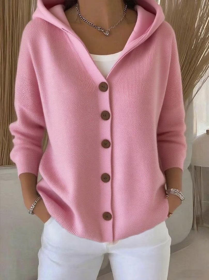 Women's Hooded Knitted Cardigan Solid Color Casual Fashion Sweater Jacket