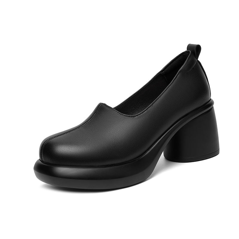 Women Leather High Heel Shoes Thick Heel Waterproof Platform British Style