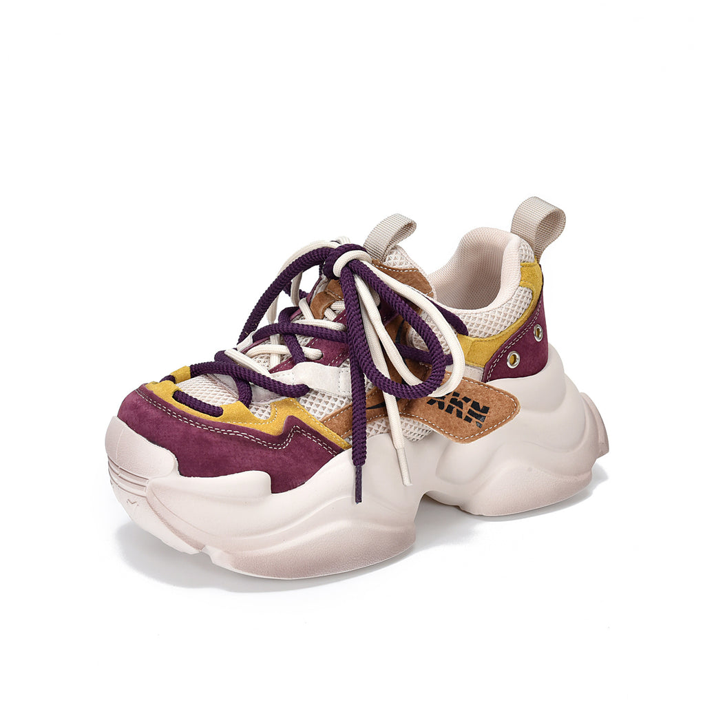 Compact, lightweight, thick-soled dad sneakers for women?mesh upper with genuine leather accents, color-blocked lacing, casual style