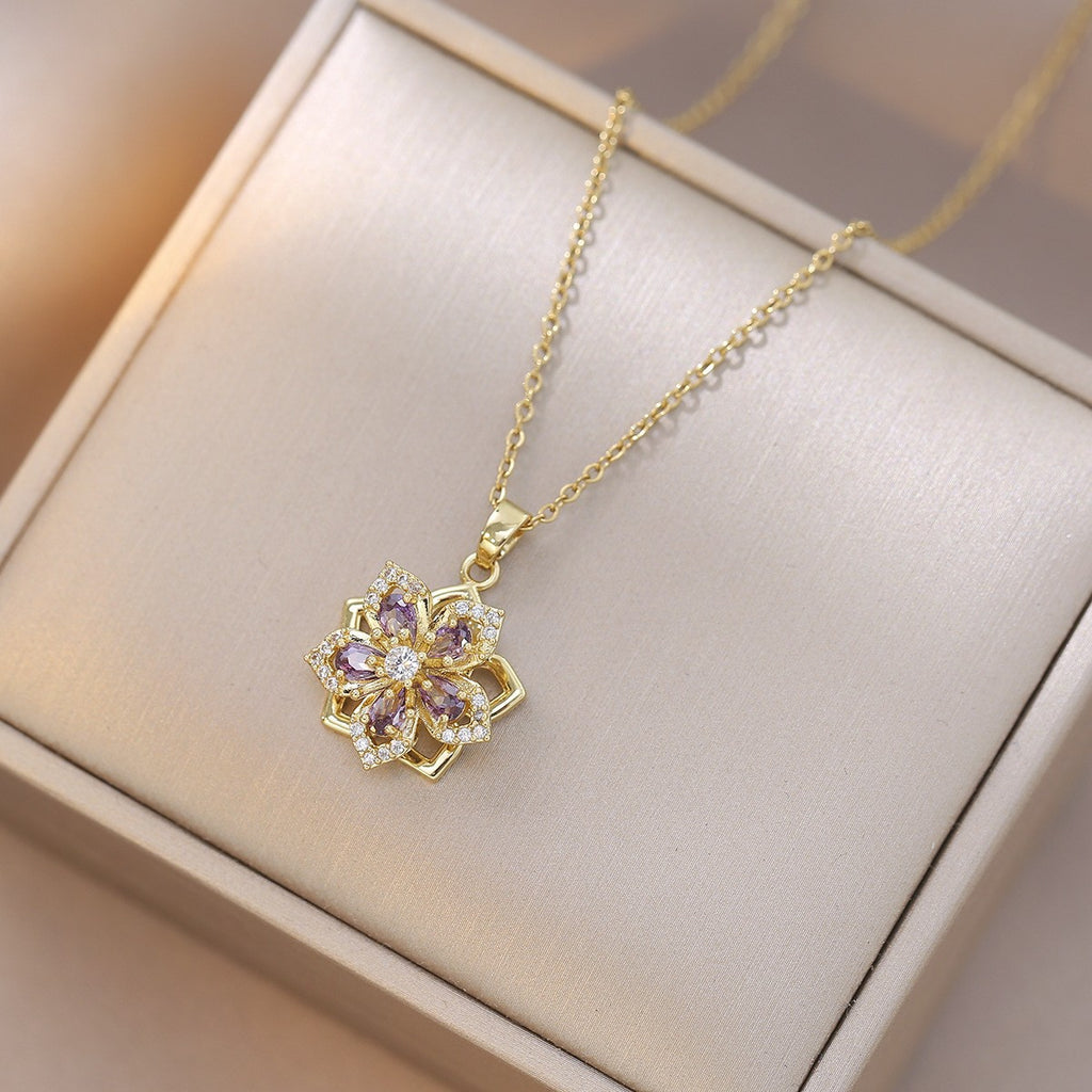 Rotating Bauhinia Flower Zircon Necklace