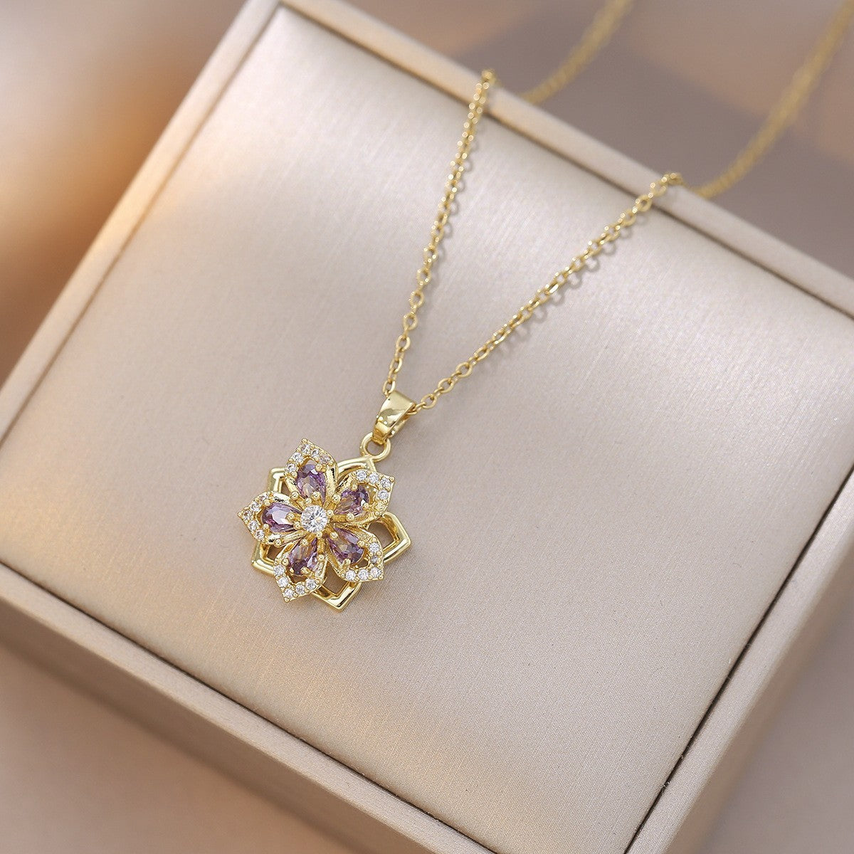 Rotating Bauhinia Flower Zircon Necklace