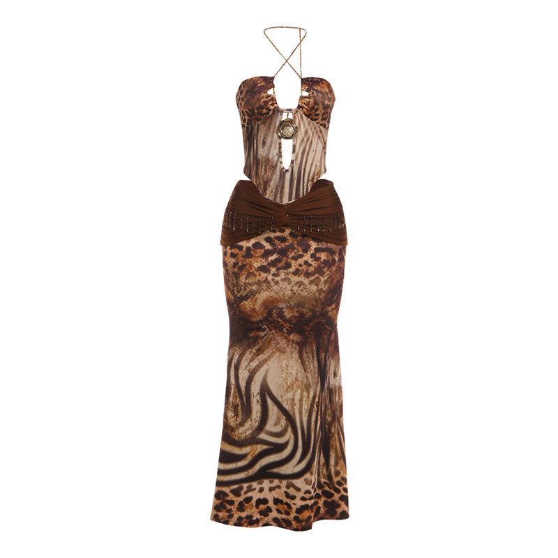 Women's Beaded Chain Strap Backless Jumpsuit Dress Set