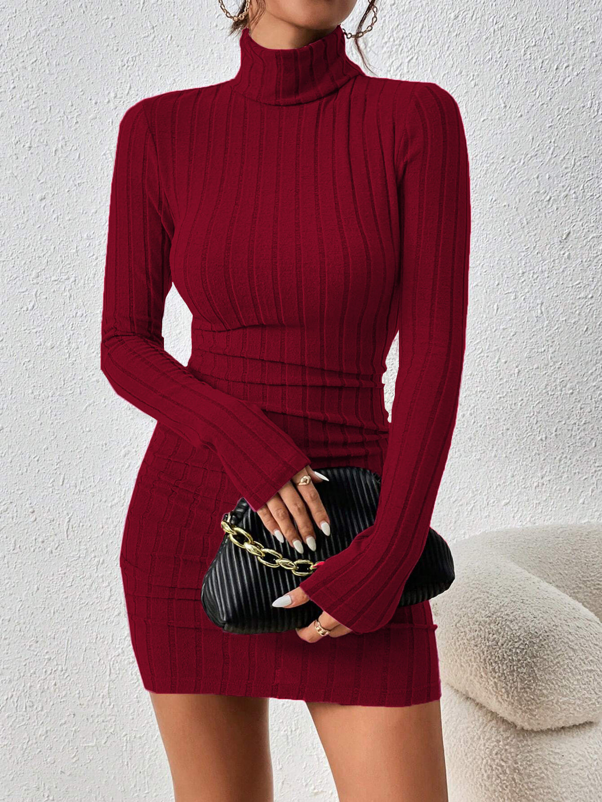 Womens Turtleneck Pencil Dress Slim Fit Long Sleeve