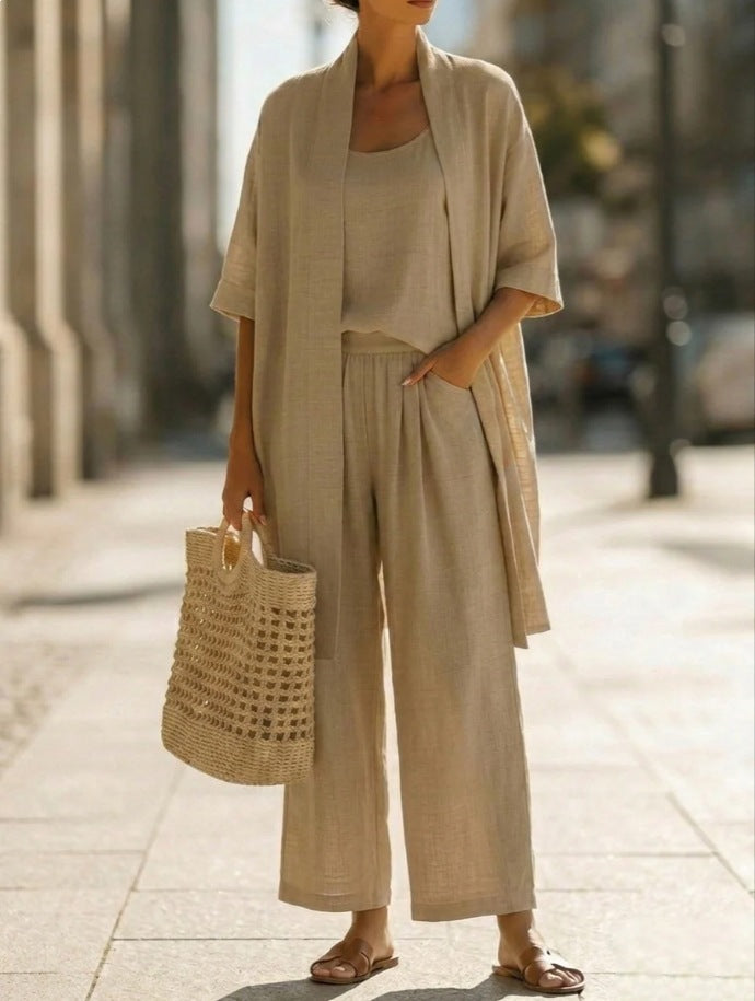 Women Summer Cotton Linen Solid Color Three Piece Cardigan Set Casual Pants Suit