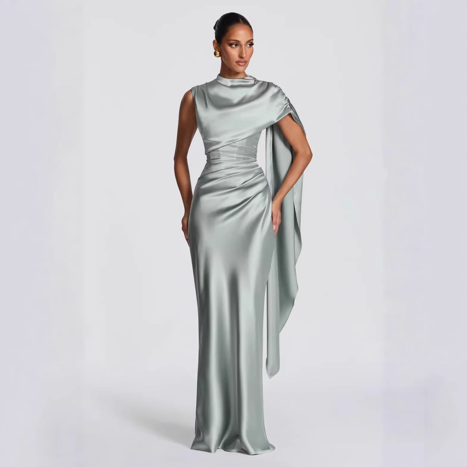 High-End Satin One-Shoulder Ribbon Waist Fishtail Gown