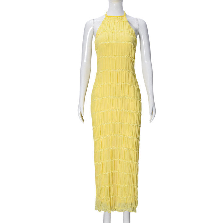 Womens Backless Pleated Long Dress