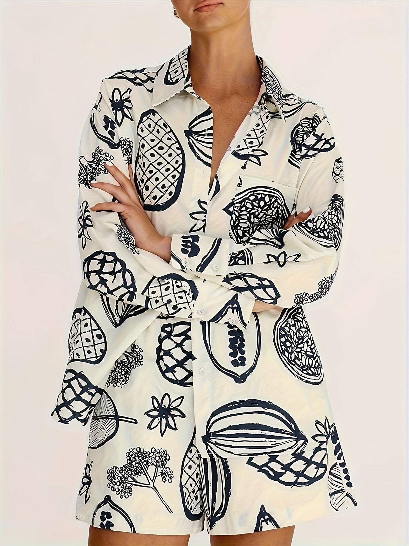 Fruit Print Loose Shirt and Shorts Set