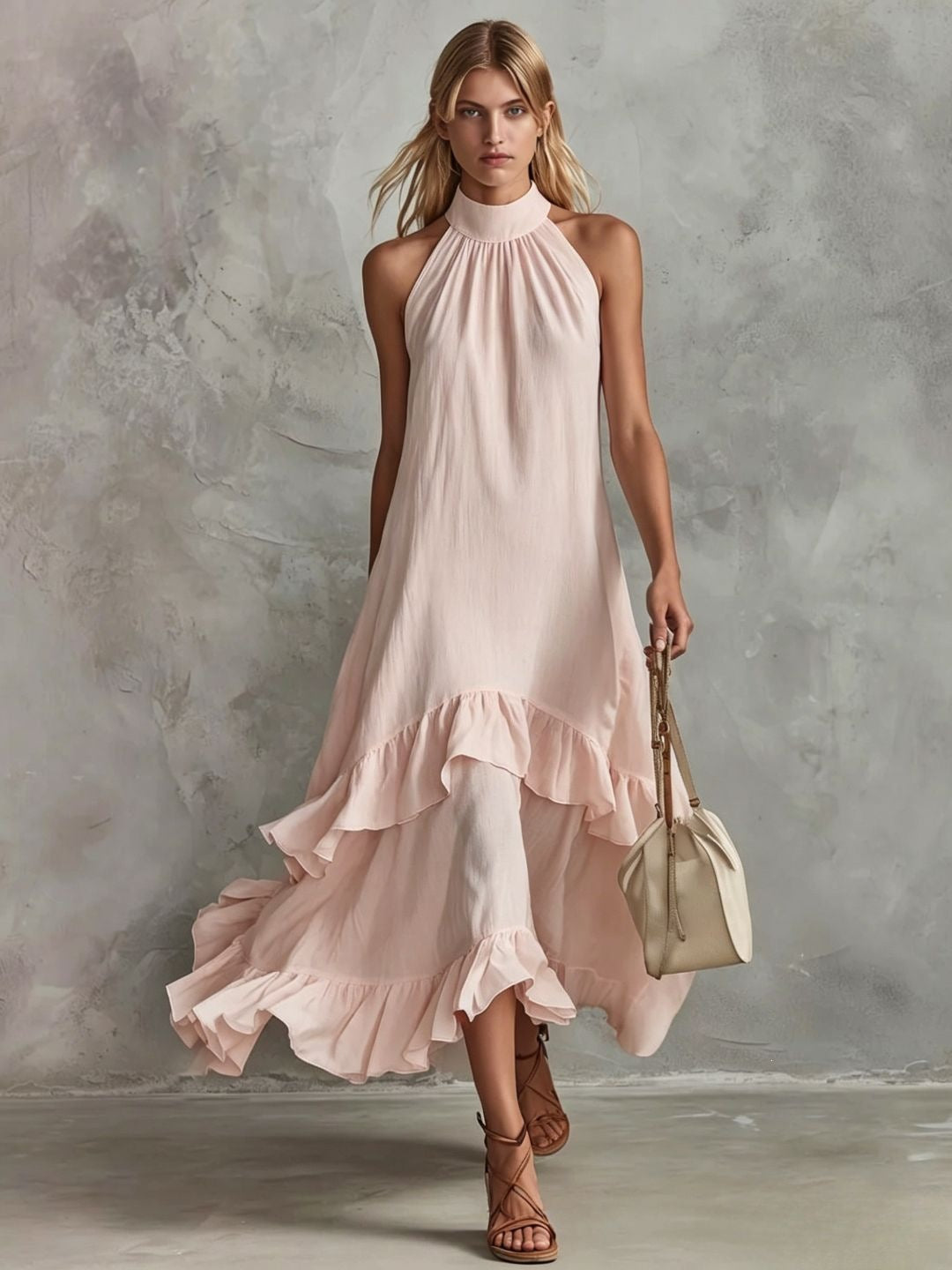 Women's Sleeveless Halter Ruffle Hem Mid-Length Summer Dress