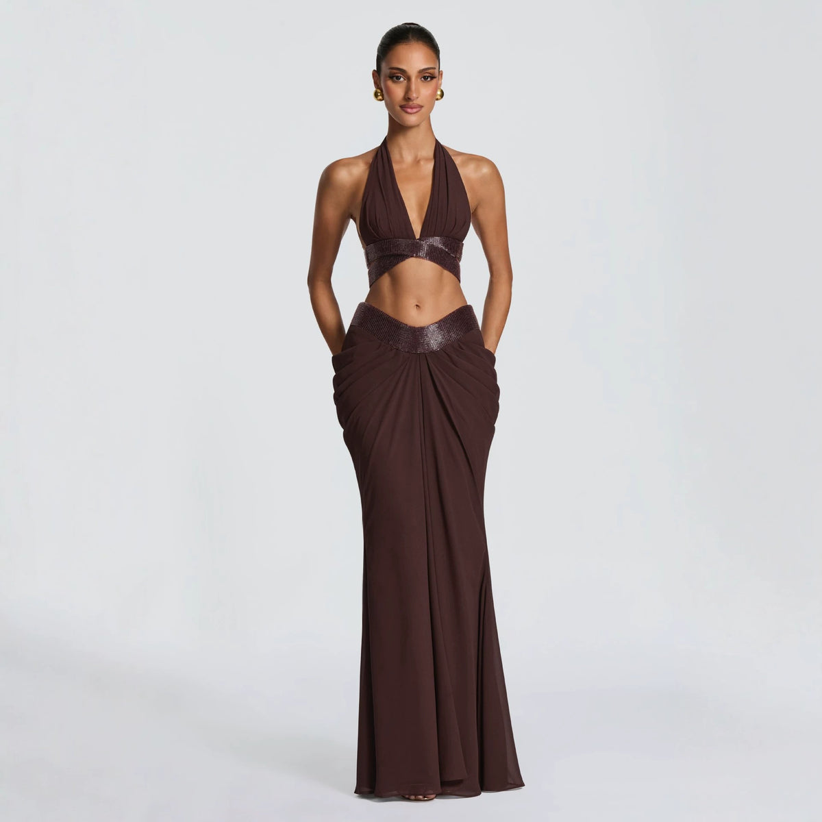 Halter Neck Deep V Sequin Two Piece Set Short Camisole Long Skirt