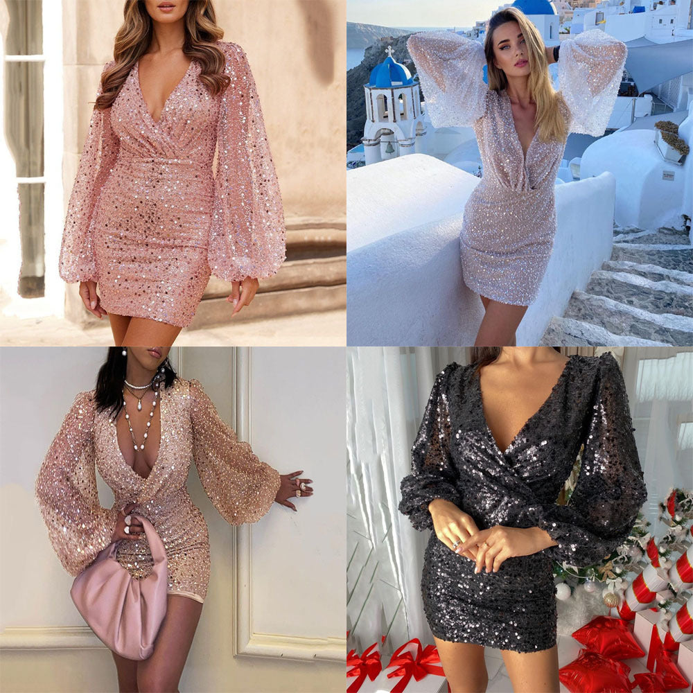 2027 New Cross-Border European and American Women's Clothing Amazon Wish Dress Long-Sleeved V-Neck Sequined Waist-Hugging Short Skirt