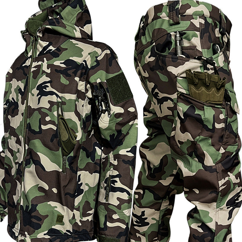 Men's Waterproof Tactical Jacket Set with Fleece Lining Sharkskin Outdoor Hunting Clothing