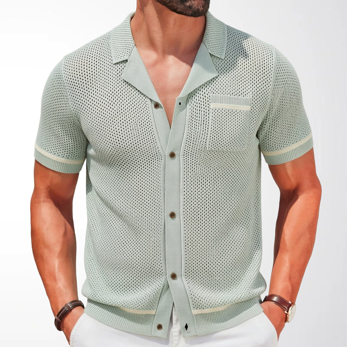 Cross-Border Men's Casual Style Cuban Collar Knitted Top Short-Sleeved Hollow Breathable Cardigan Polo Shirt Sy0103