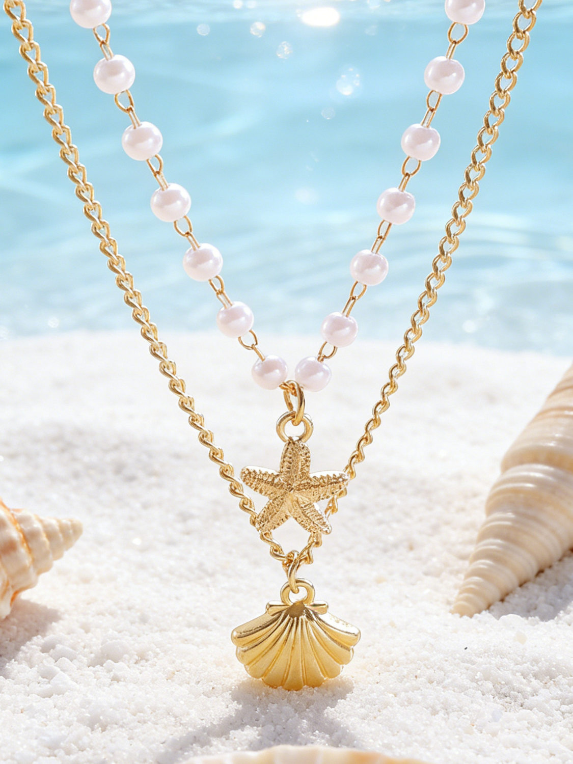 Layered Shell Pearl Starfish Pendant Bohemian Necklace