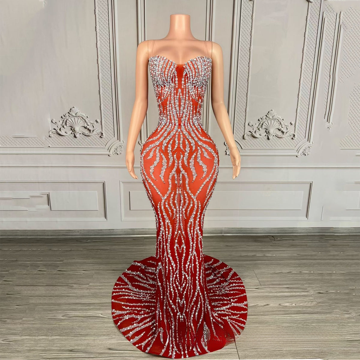 Elegant Strapless Diamond Evening Gown