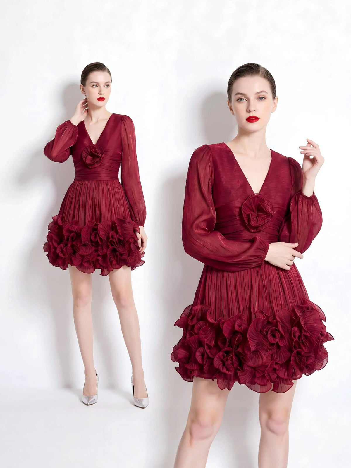 Lady's elegant V-neck long-sleeved dress