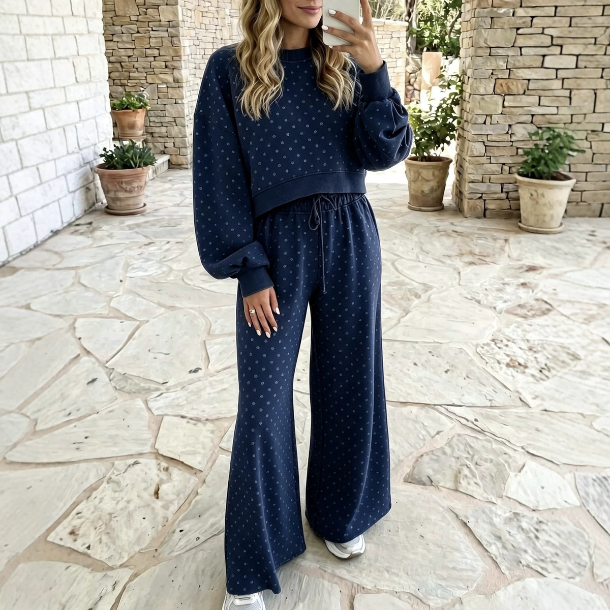 Women's High-Waisted Polka Dot Print Knit Sweatshirt and Wide Leg Pants Set