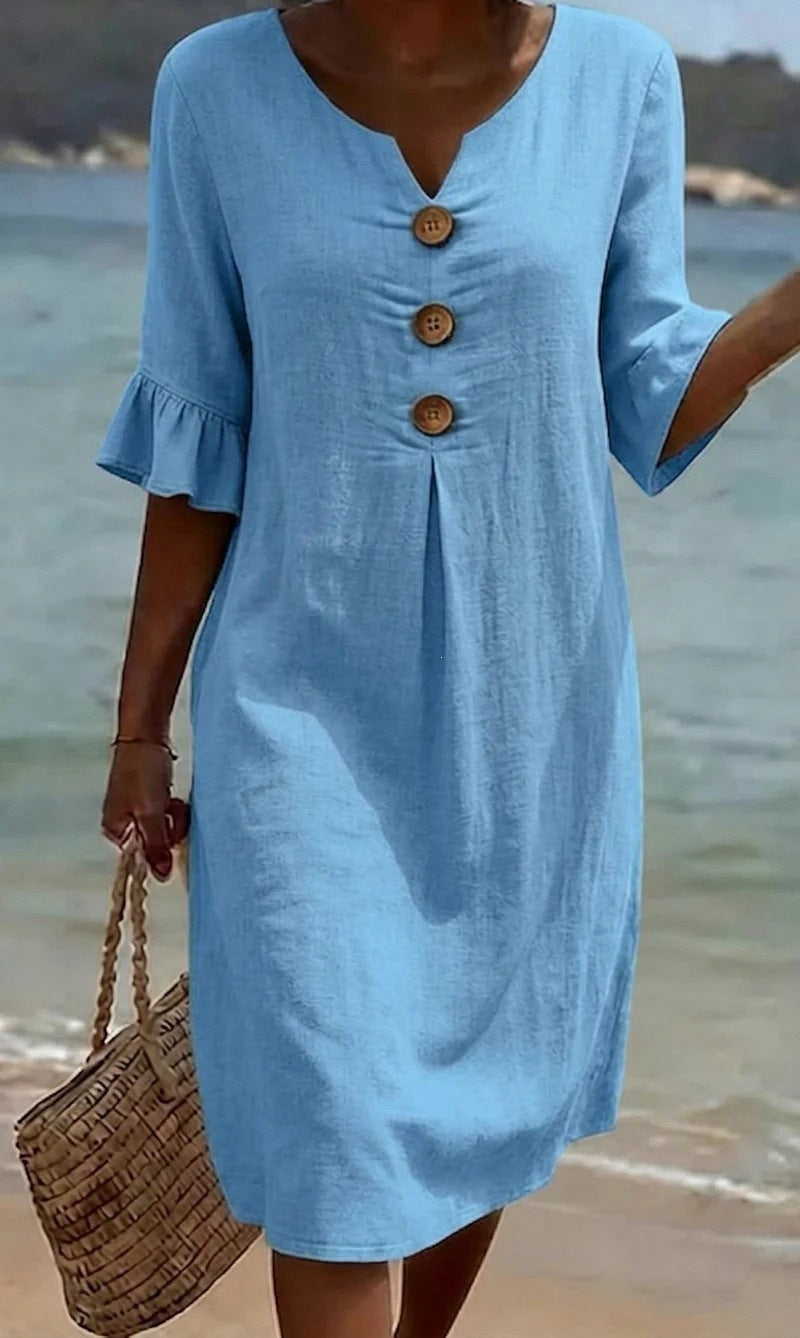 Womens V-Neck Linen Blend Dress