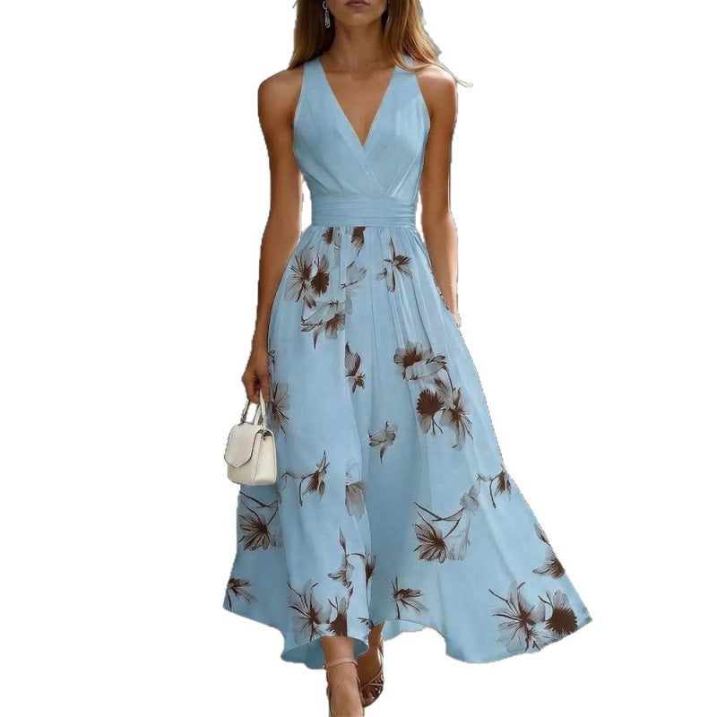 Floral Print Sleeveless V-Neck Long Dress
