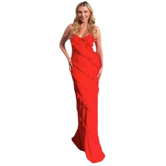 Women's Backless Suspender Dress Sleeveless Pleated Long Dress with Side Slit