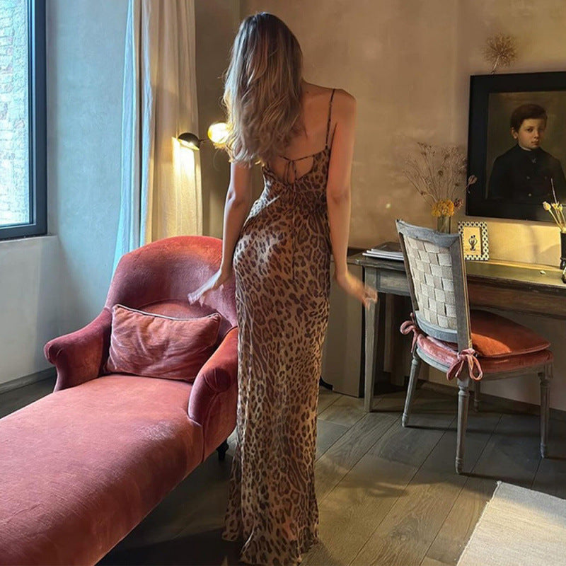 Women's Leopard Print Open Back Long Dress