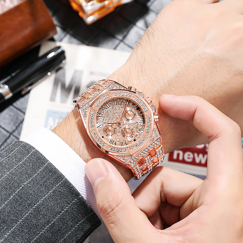 Men's Fashion Quartz Watch with Rhinestone Dial and Steel Band