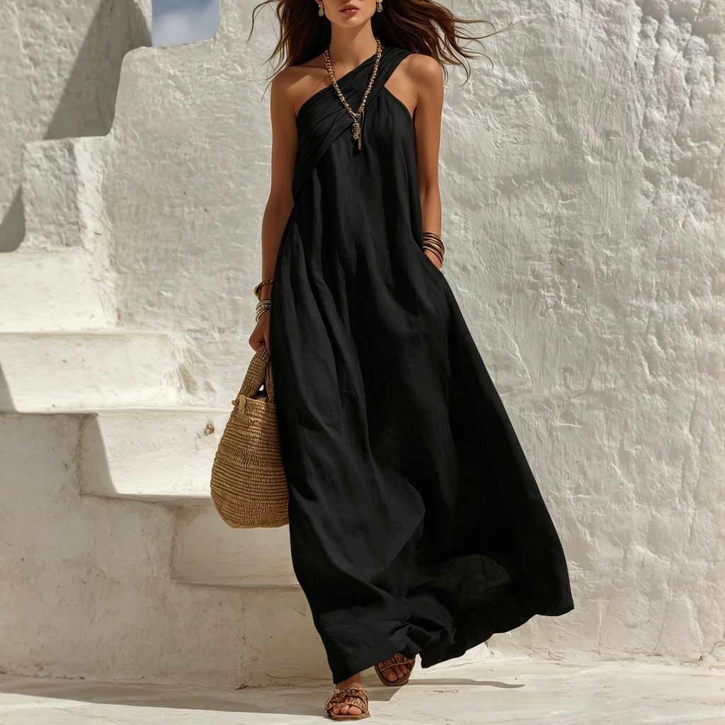 Womens Sleeveless One Shoulder Backless Solid Color Dress