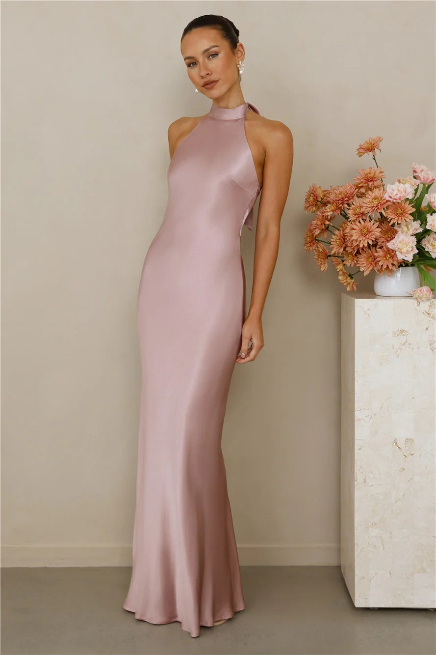 Women Satin Halter Neck Tie Slim Fit Long Dress