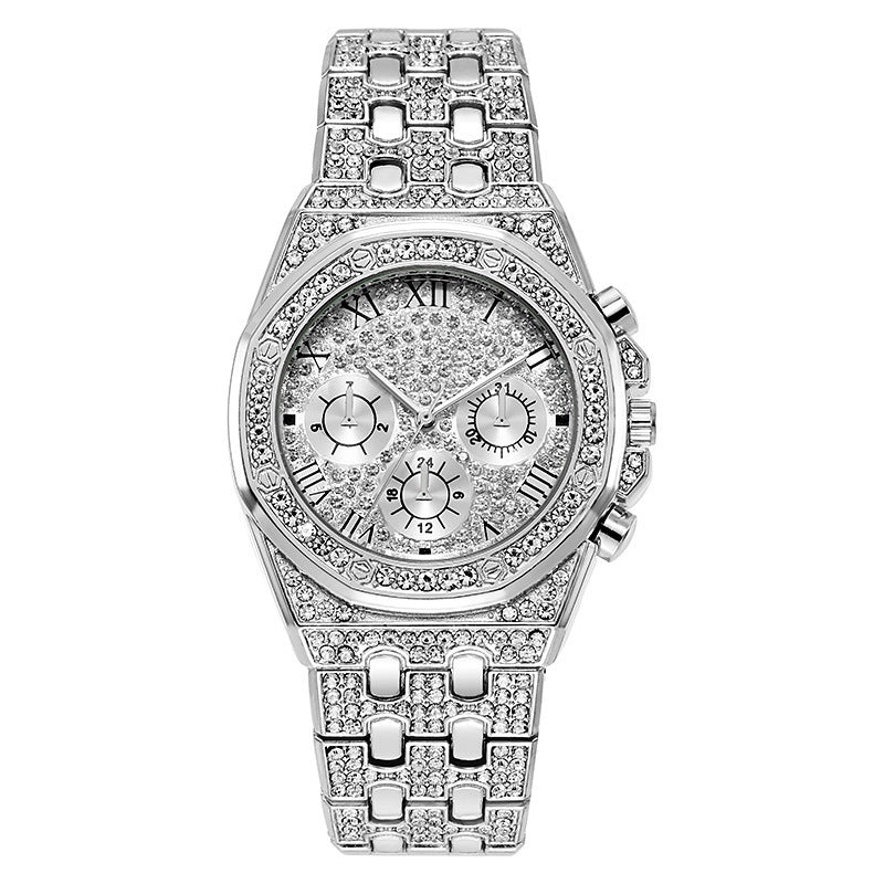 Men's Fashion Quartz Watch with Rhinestone Dial and Steel Band