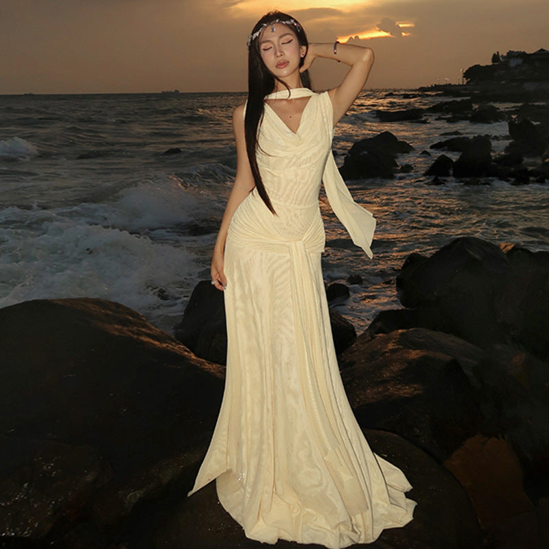 Elegant V-Neck Backless Mesh Long Dress