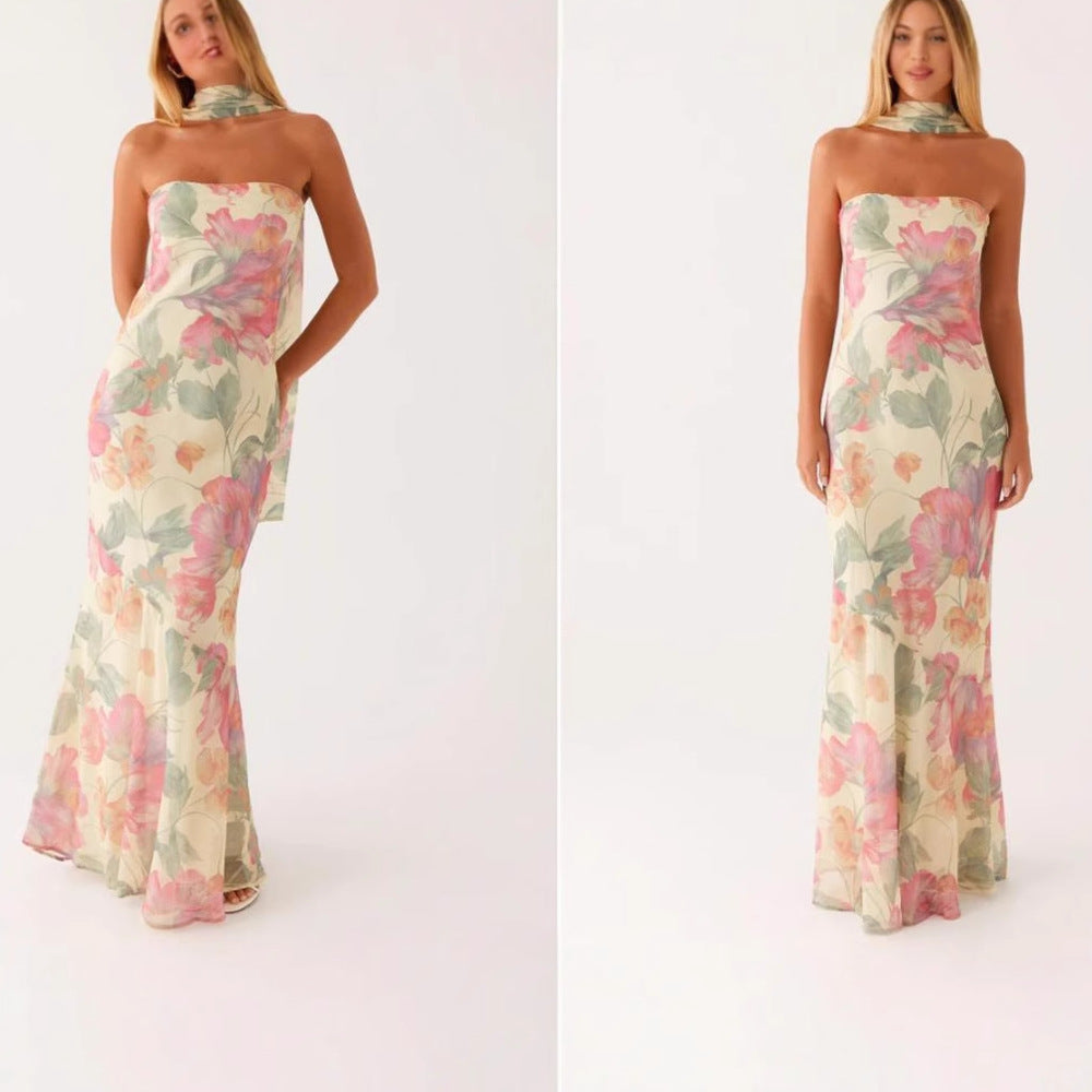Satin Backless Floral Print Dress
