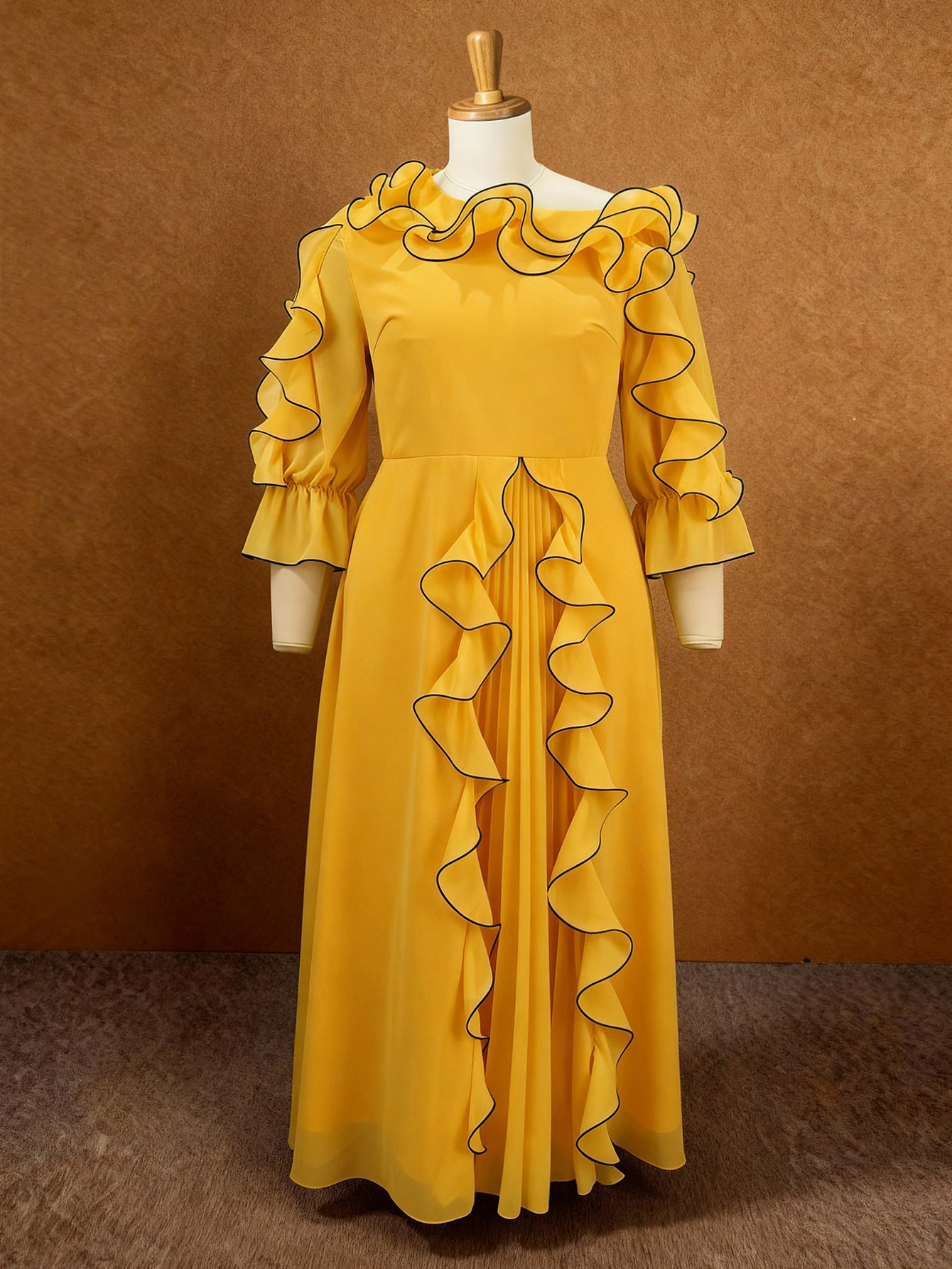 Elegant Ruffled Waist-Cinching Chiffon Dress