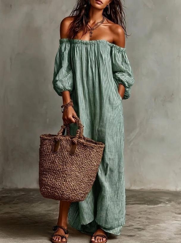 Elegant Casual Loose One-Line Neckline Striped Dress