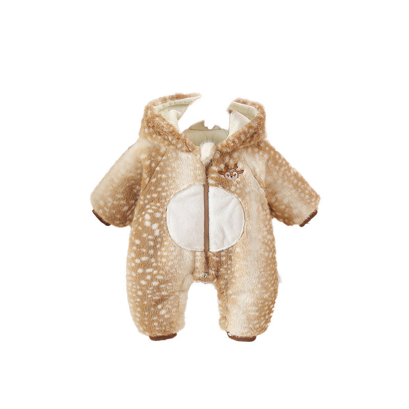 Baby Wool Jumpsuit Winter Cotton Padded Warm Cartoon Reindeer Crawling Suit