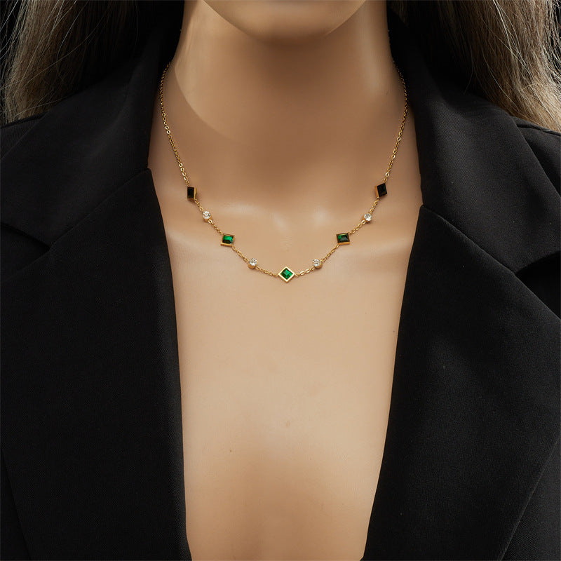 Gold-Plated Titanium Steel Square Emerald Inlaid Rhinestone Necklace
