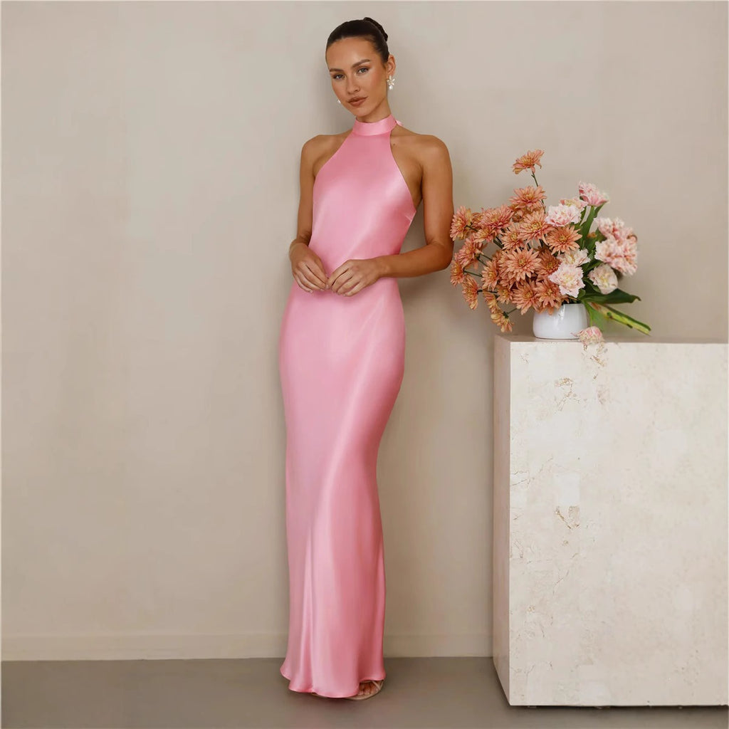 Women Satin Halter Neck Tie Slim Fit Long Dress