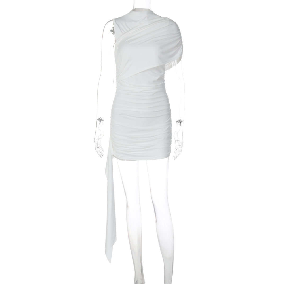 Pure Color Pure Desire High-End Slant Collar Pleated Sleeves Spliced ??Ribbon Dress