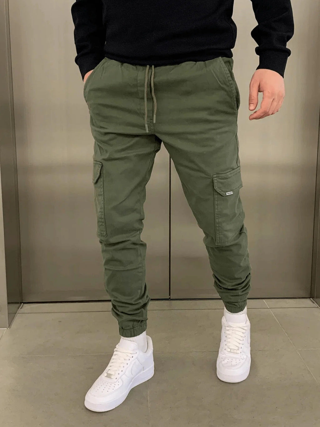 Mens Three-Dimensional Pocket Cargo Pants Elastic Waist Drawstring Loose Fit Casual Trousers