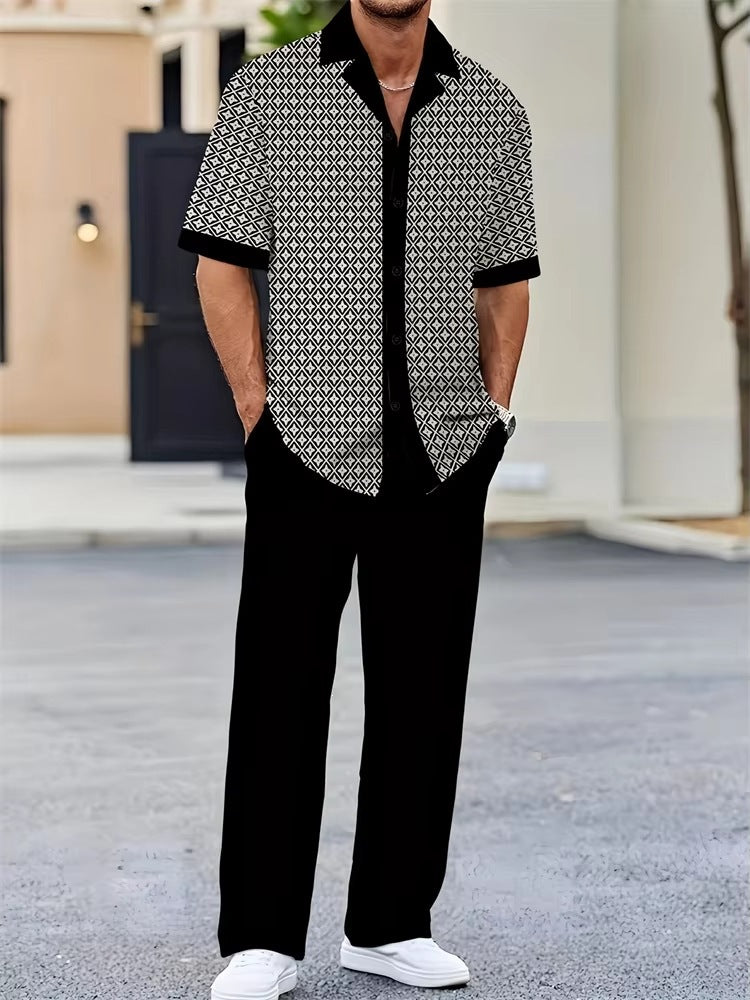 Mens Solid Color Short Sleeve Shirt and Drawstring Long Pants Two Piece Outfit