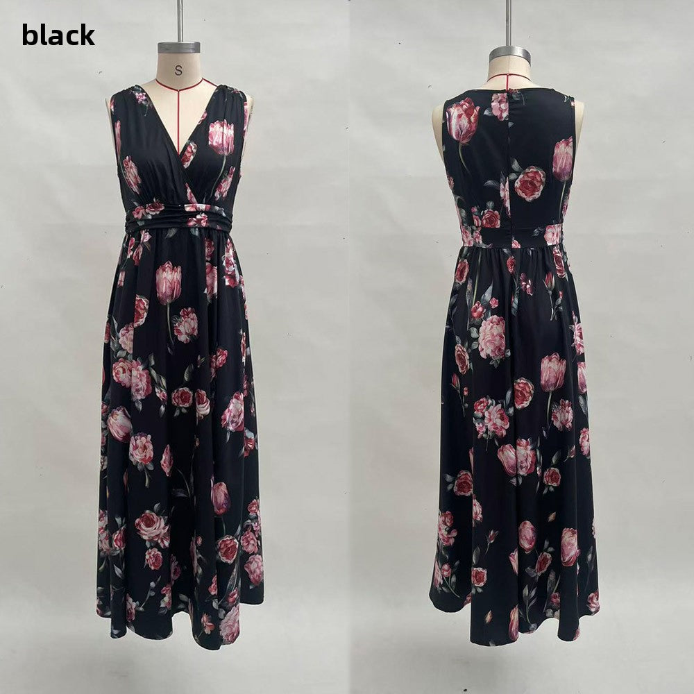Womens Floral Print Sleeveless V-Neck Irregular Long Dress