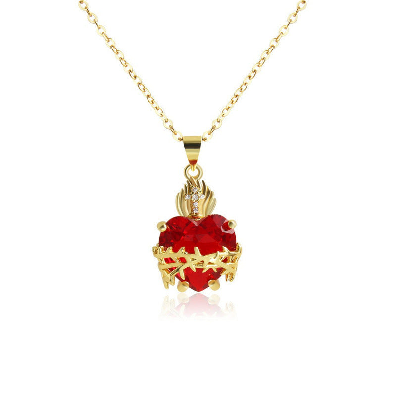 Vintage Sacred Heart Red Zircon Necklace