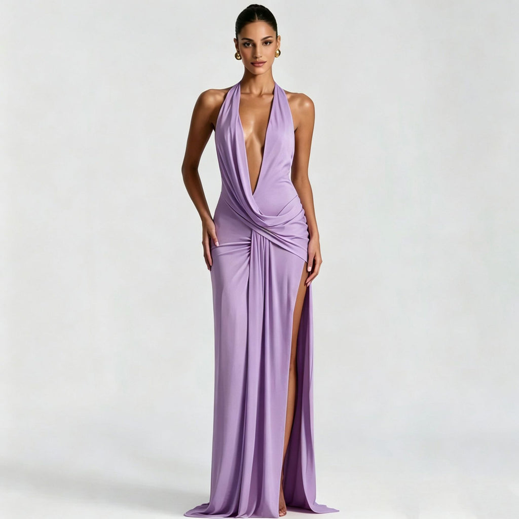 Deep V-Neck Halter Ruched Backless Dress