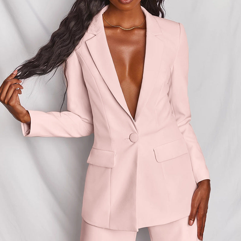 Womens Long Sleeve Blazer Straight Leg Pants Suit Autumn Elegant Trousers Set