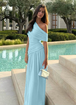 Womens Slant Collar Pleated Dress