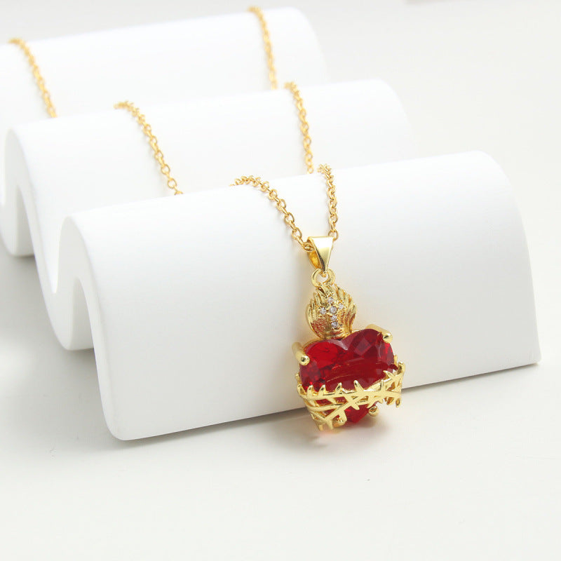 Vintage Sacred Heart Red Zircon Necklace